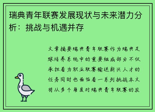 瑞典青年联赛发展现状与未来潜力分析:挑战与机遇并存 瑞典青年联赛发展现状与未来潜力分析:挑战与机遇并存